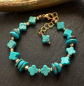 Natural Turquoise  Clover Bracelet,  Hand Carved Turquoise, 14K Gold Filled