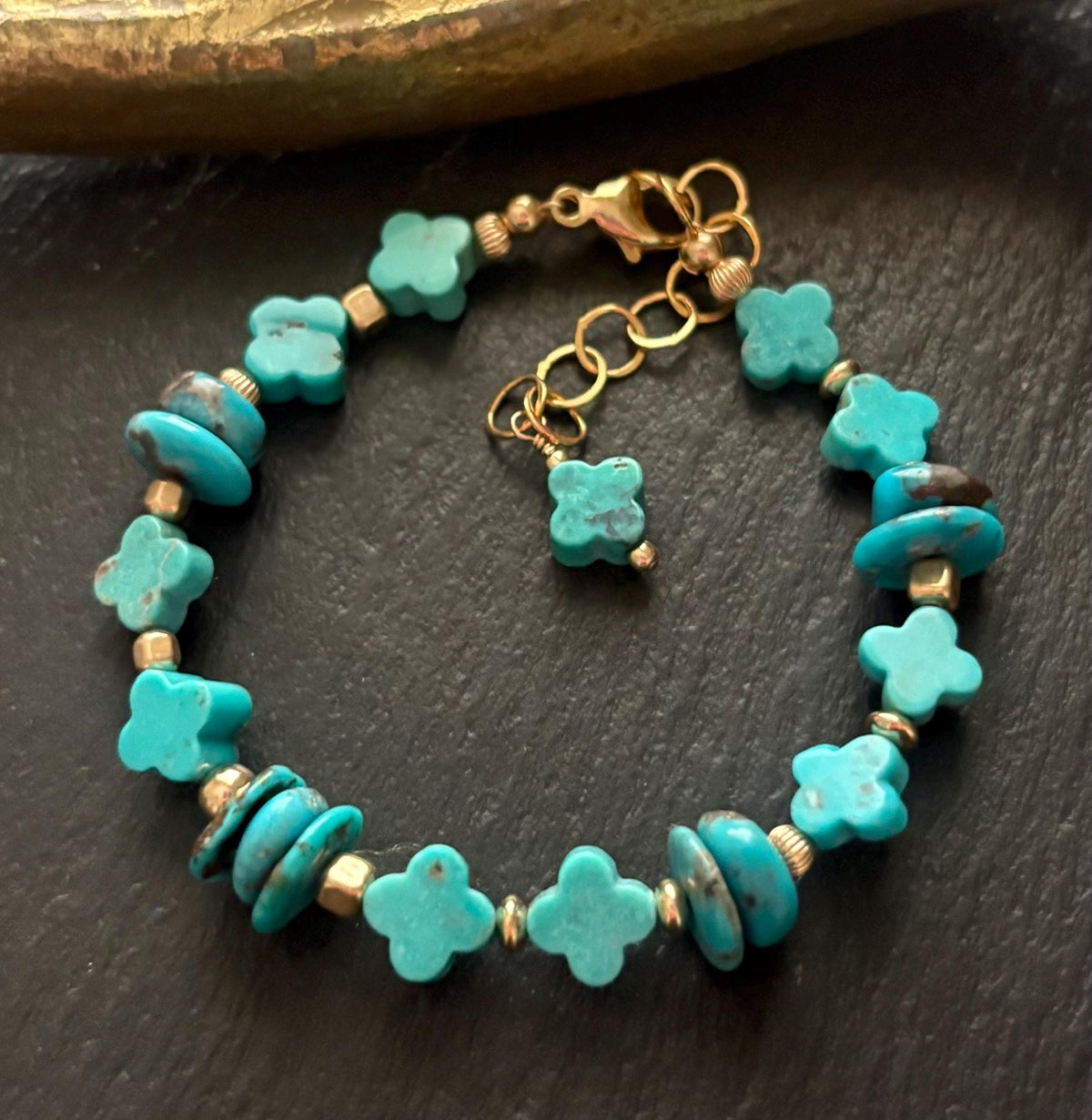 Natural Turquoise  Clover Bracelet,  Hand Carved Turquoise, 14K Gold Filled