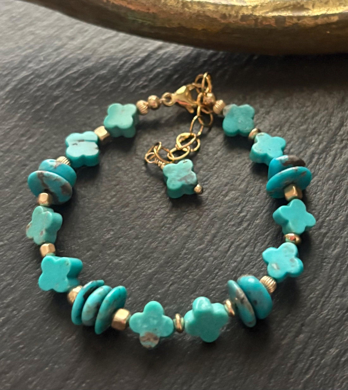 Natural Turquoise  Clover Bracelet,  Hand Carved Turquoise, 14K Gold Filled