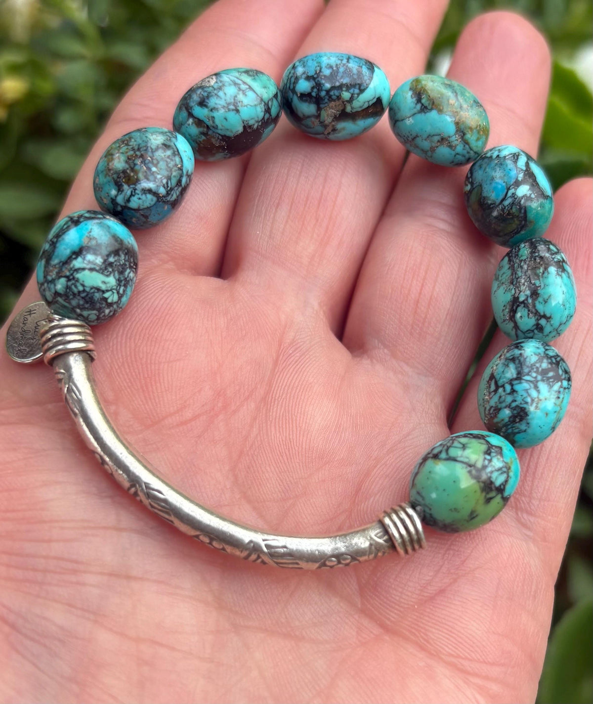 Kingman Turquoise Bracelet,  Black Matrix Turquoise, Thai Karen Hill Tribe Silver