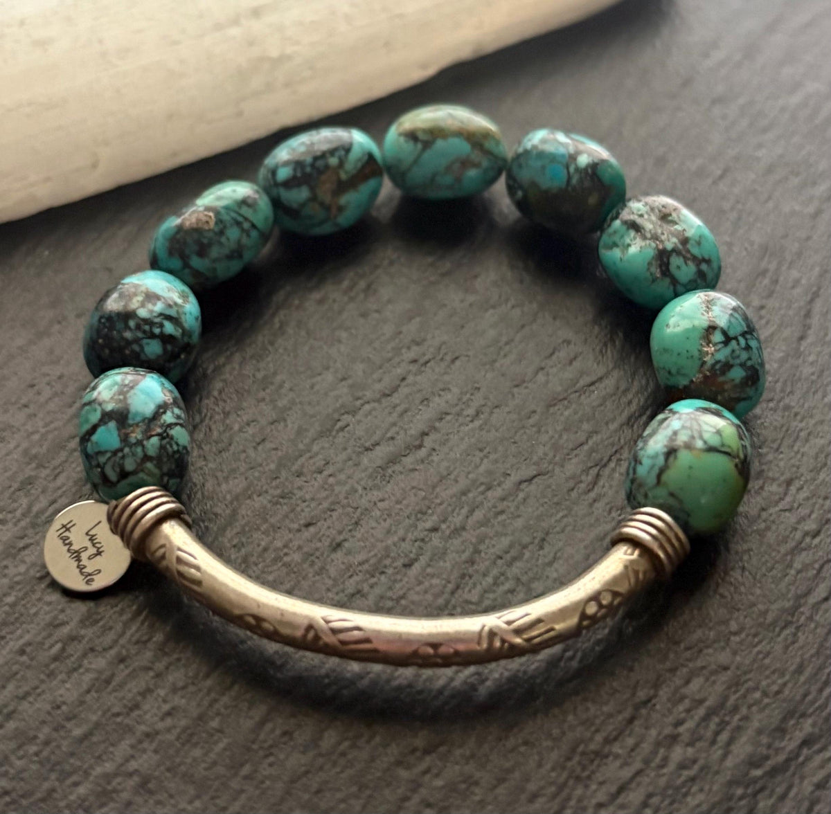 Kingman Turquoise Bracelet,  Black Matrix Turquoise, Thai Karen Hill Tribe Silver