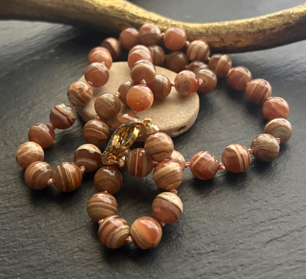 Rhodochrosite Necklace, Natural Honey Brown Hand Knotted, Pave Diamond  Clasp