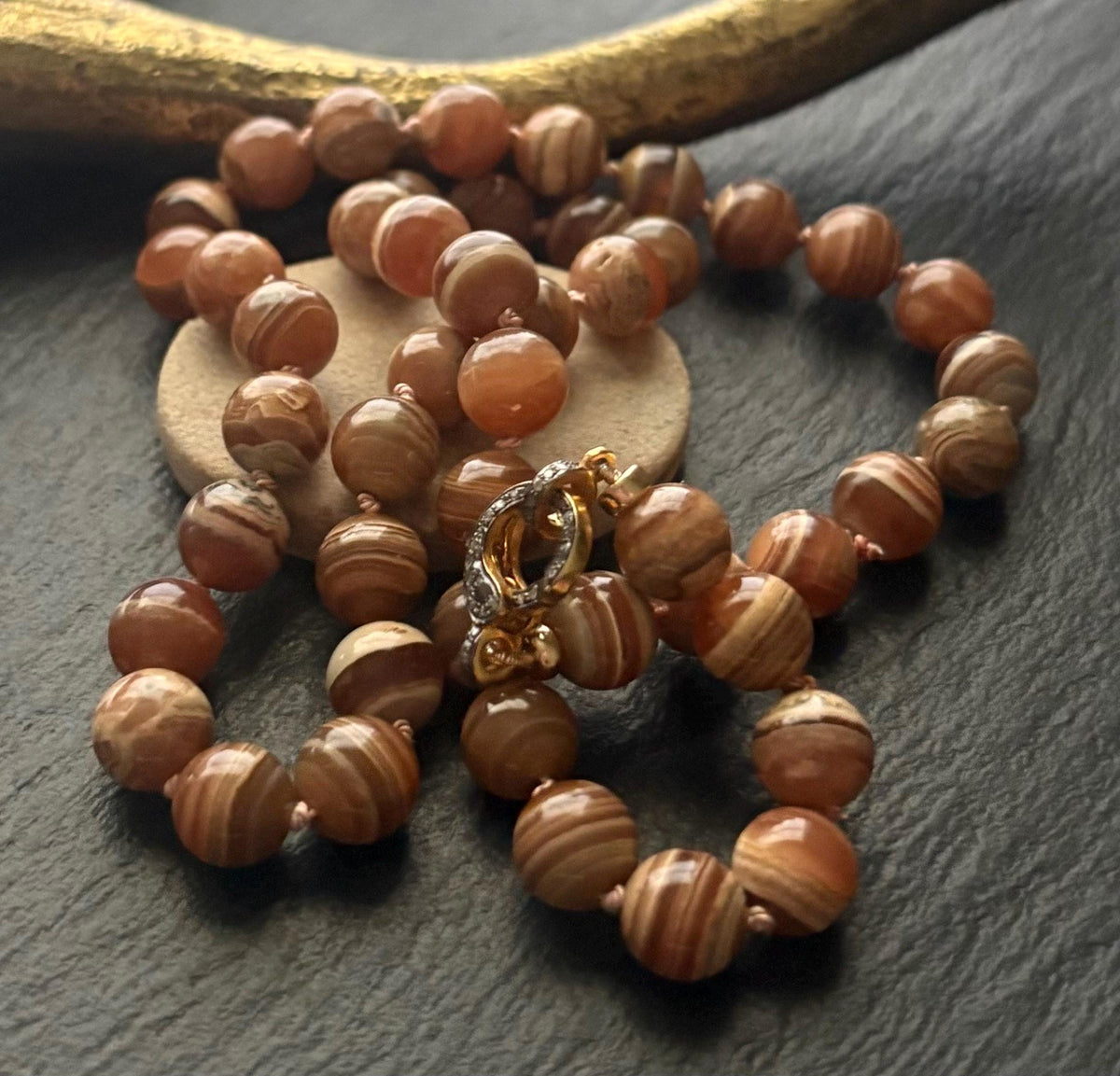 Rhodochrosite Necklace, Natural Honey Brown Hand Knotted, Pave Diamond  Clasp