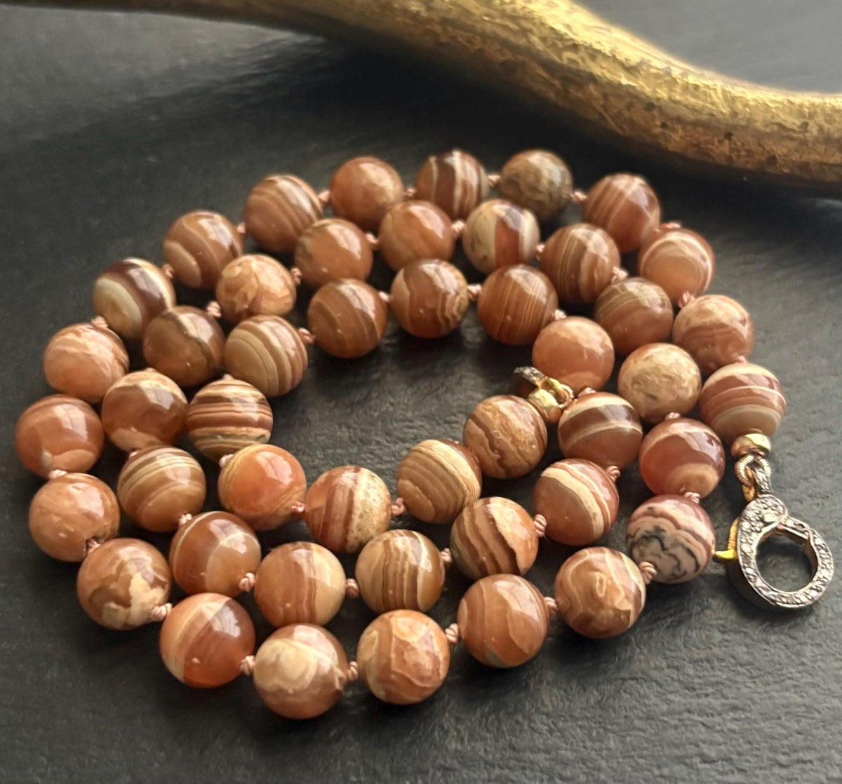 Rhodochrosite Necklace, Natural Honey Brown Hand Knotted, Pave Diamond  Clasp