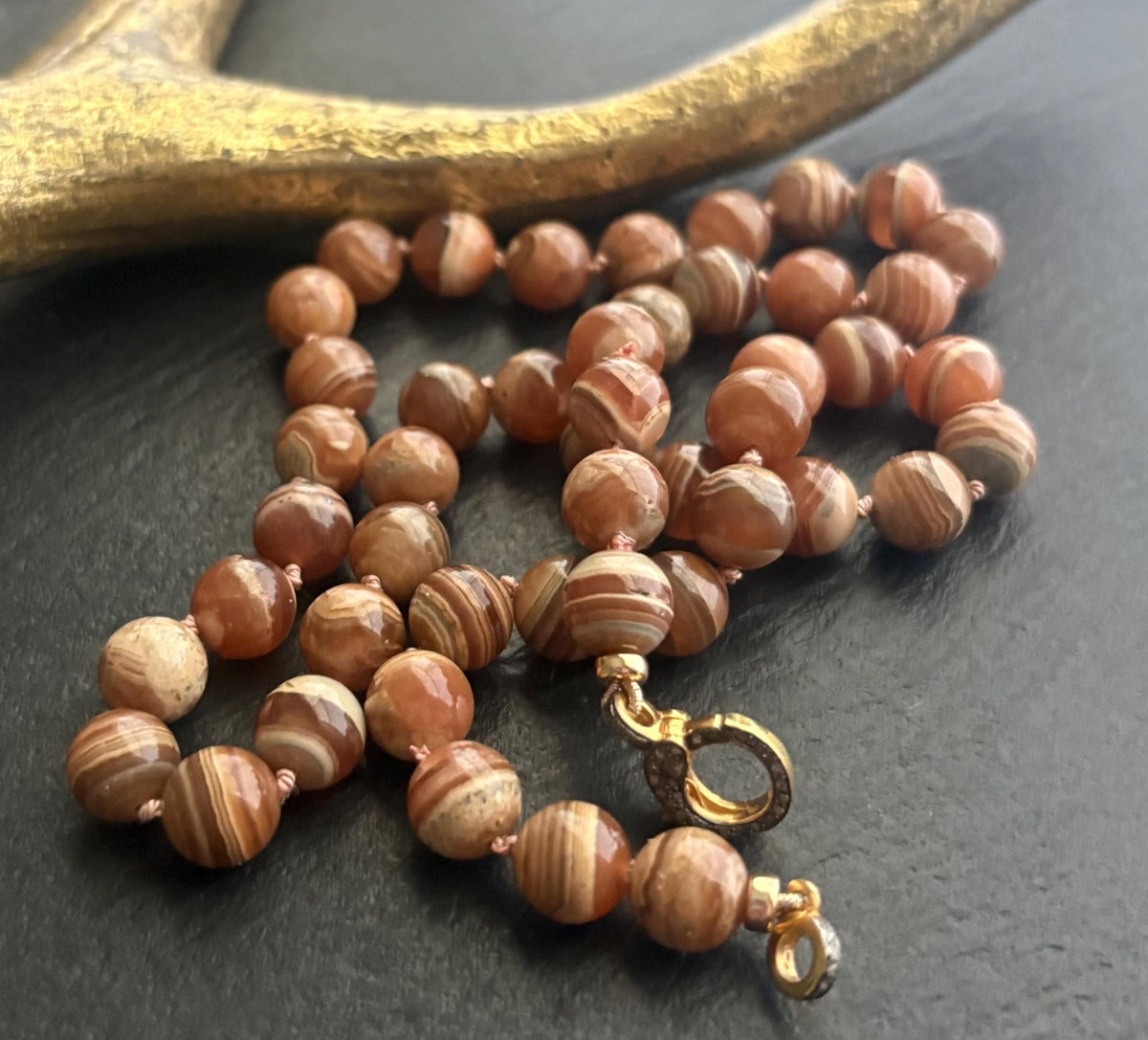 Rhodochrosite Necklace, Natural Honey Brown Hand Knotted, Pave Diamond  Clasp