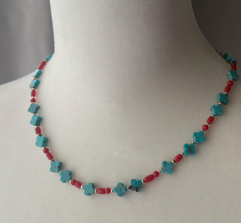 Turquoise Clover Necklace, Hand Carved Turquoise, Red Coral, 14K Gold Filled