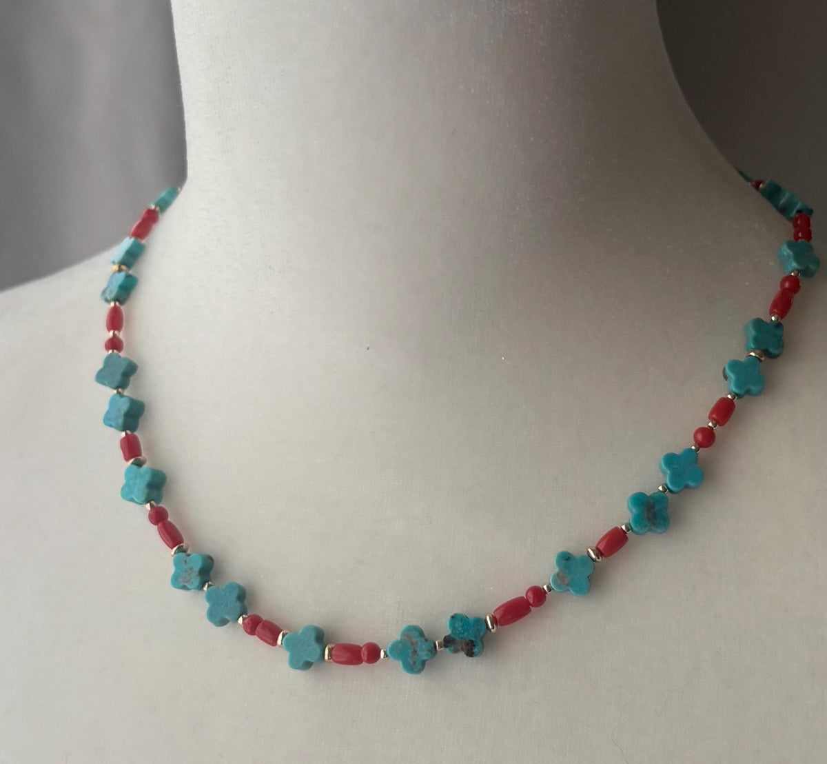 Turquoise Clover Necklace, Hand Carved Turquoise, Red Coral, 14K Gold Filled