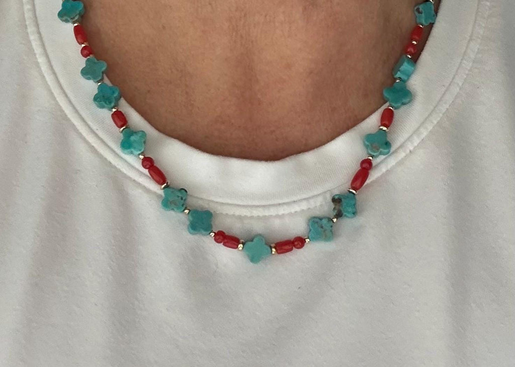 Turquoise Clover Necklace, Hand Carved Turquoise, Red Coral, 14K Gold Filled