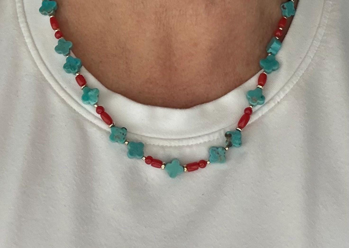 Turquoise Clover Necklace, Hand Carved Turquoise, Red Coral, 14K Gold Filled