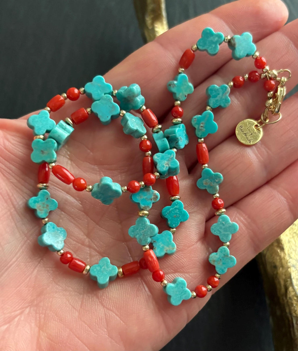 Turquoise Clover Necklace, Hand Carved Turquoise, Red Coral, 14K Gold Filled