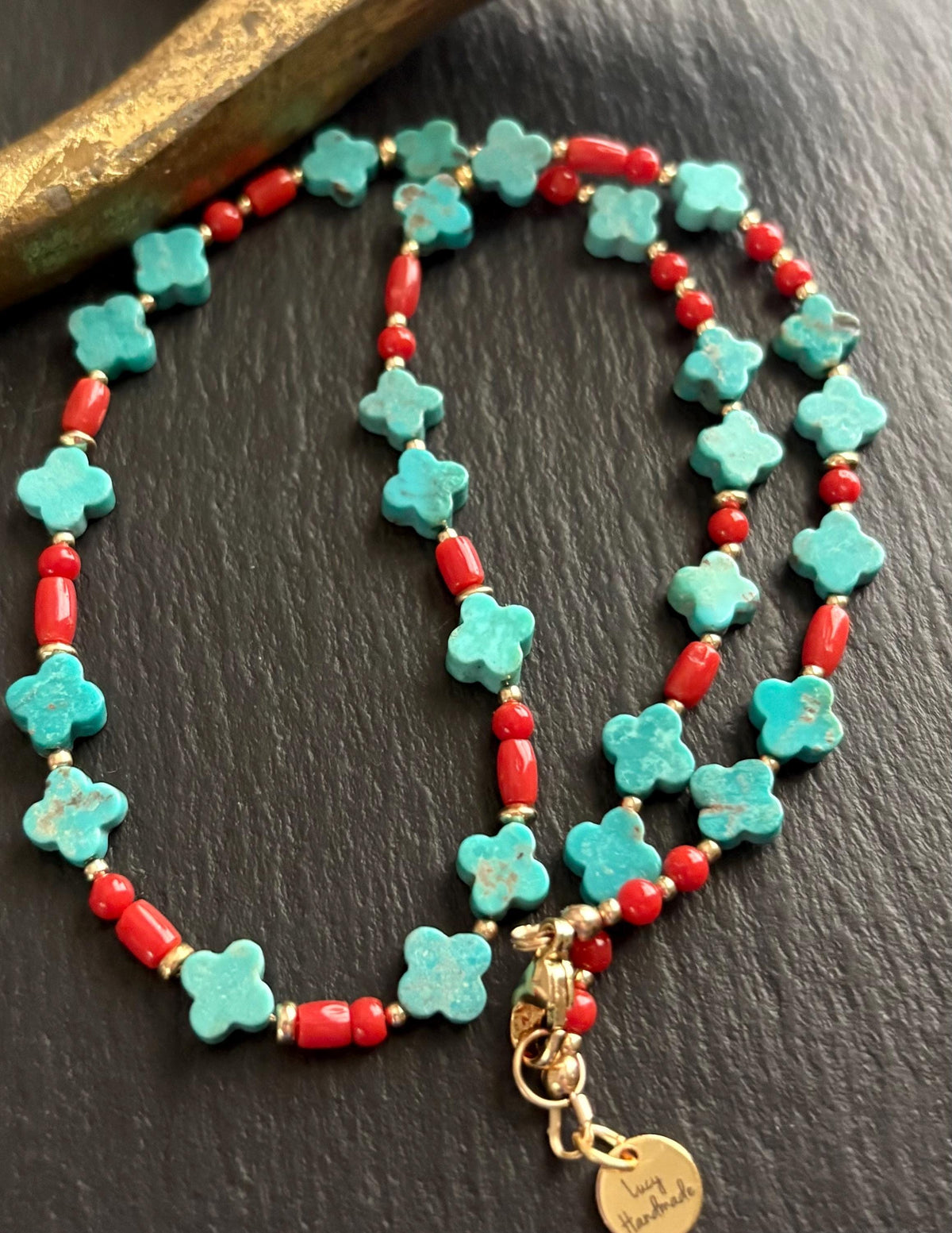 Turquoise Clover Necklace, Hand Carved Turquoise, Red Coral, 14K Gold Filled