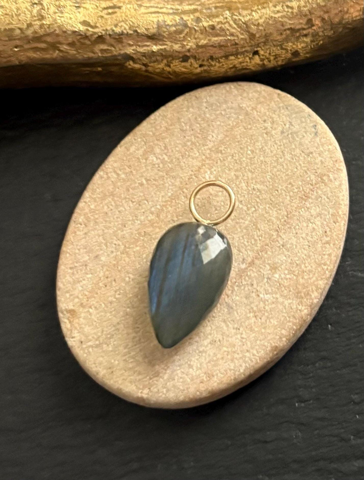 Labradorite Gemstone Drop Charm, Solid 14K Gold Pendant
