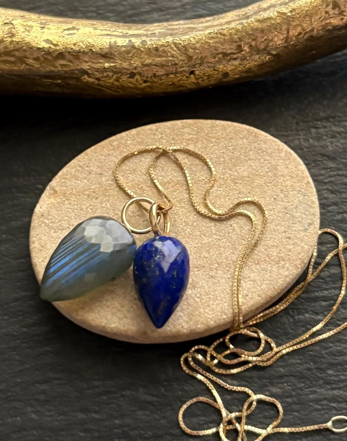 Labradorite Gemstone Drop Charm, Solid 14K Gold Pendant