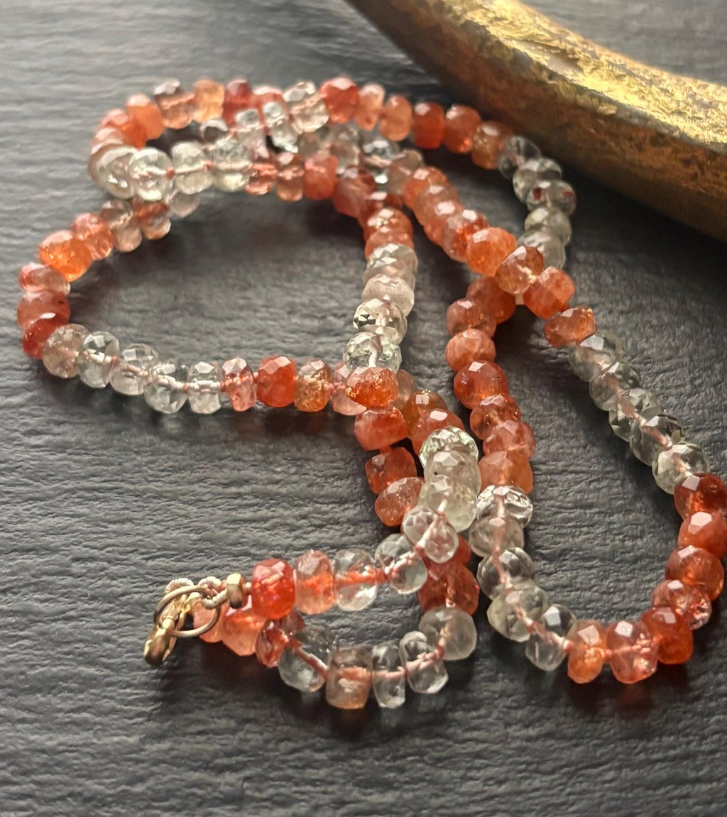 Natural Sunstone Necklace, Hand Knotted Gemstone Necklace, Solid 14K Gold