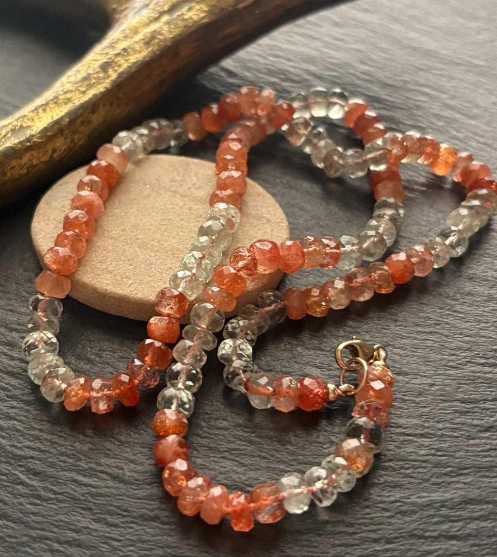 Natural Sunstone Necklace, Hand Knotted Gemstone Necklace, Solid 14K Gold