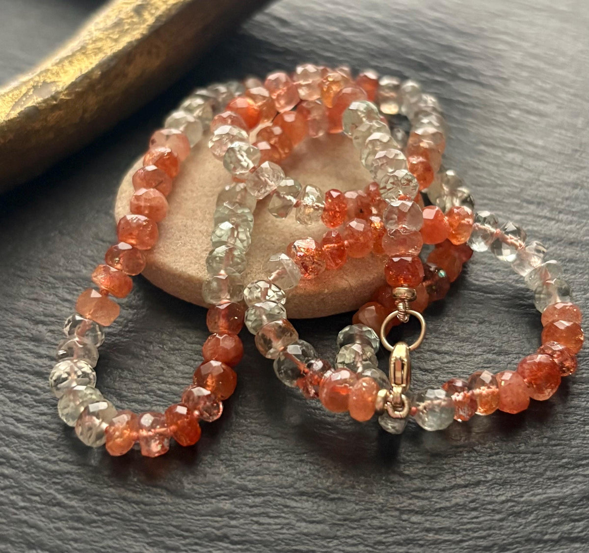 Natural Sunstone Necklace, Hand Knotted Gemstone Necklace, Solid 14K Gold