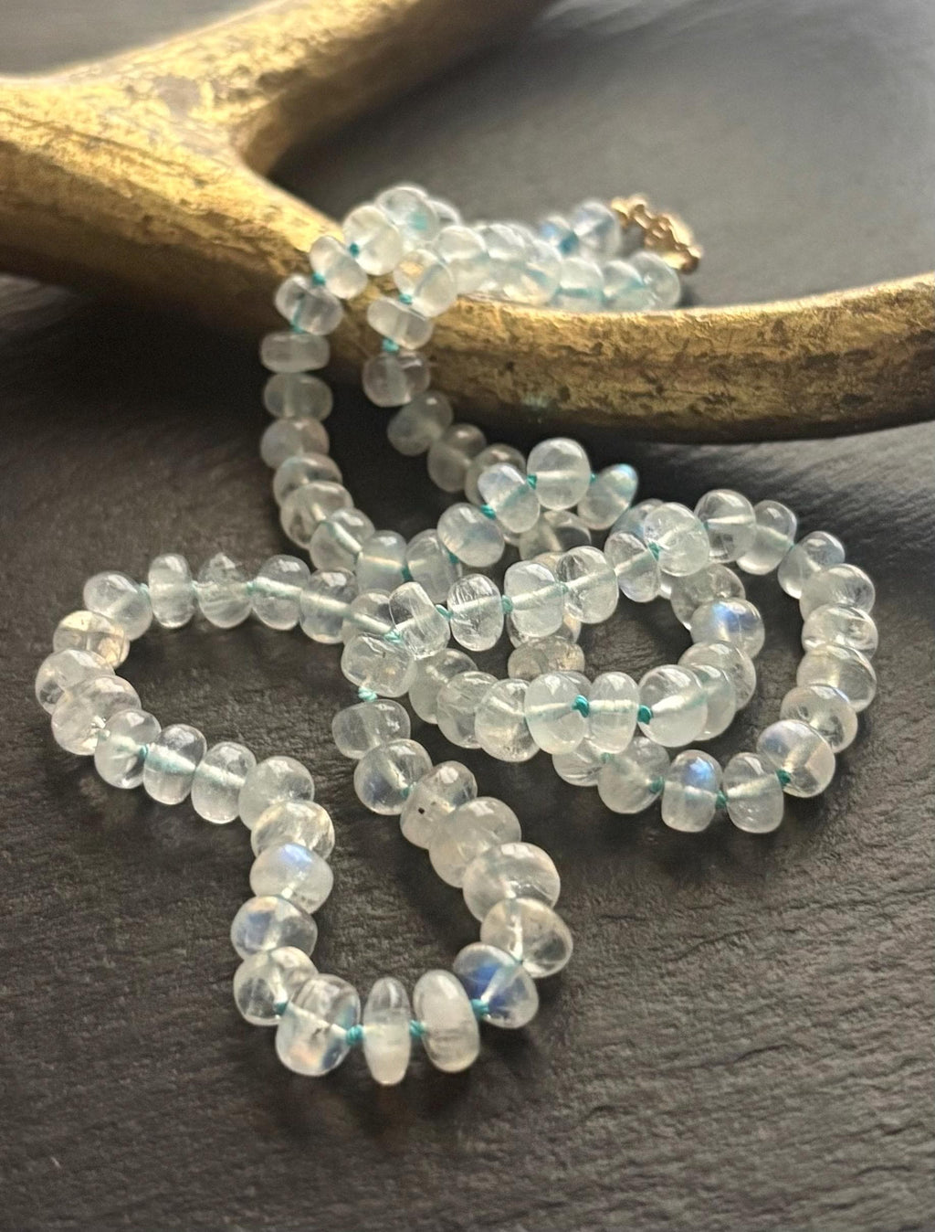 Natural Flashy Rainbow Moonstone Hand Knotted Necklace, Solid 14K Gold
