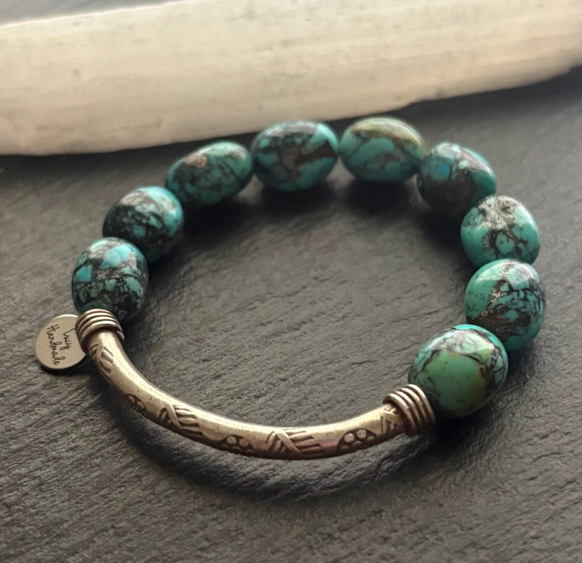 Kingman Turquoise Bracelet,  Black Matrix Turquoise, Thai Karen Hill Tribe Silver