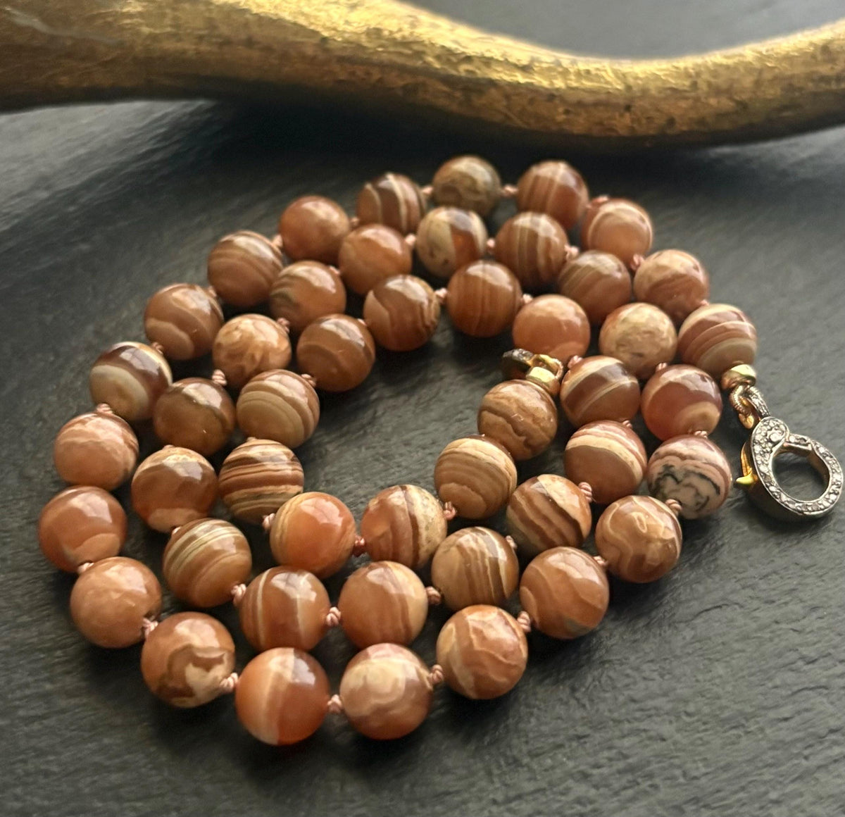 Rhodochrosite Necklace, Natural Honey Brown Hand Knotted, Pave Diamond  Clasp