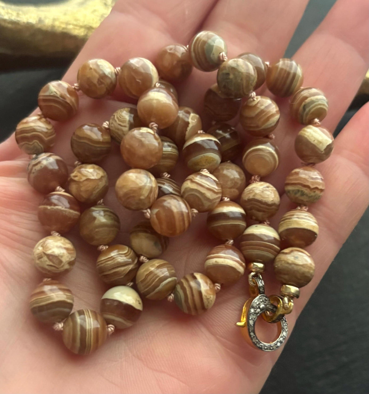 Rhodochrosite Necklace, Natural Honey Brown Hand Knotted, Pave Diamond  Clasp