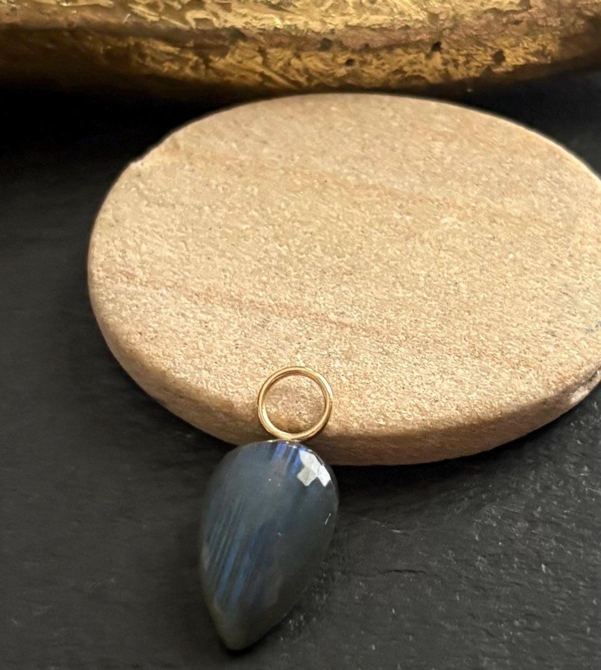 Labradorite Gemstone Drop Charm, Solid 14K Gold Pendant