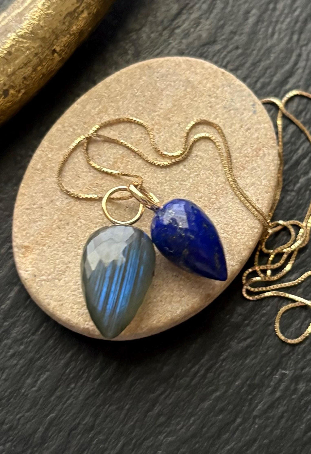 Labradorite Gemstone Drop Charm, Solid 14K Gold Pendant