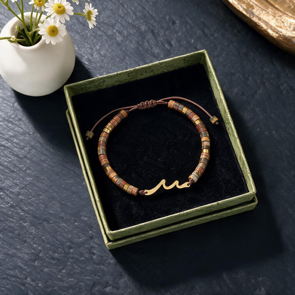 Wave-Woven Flat Bead Bracelet | Natural Abacus Stone, Adjustable Design