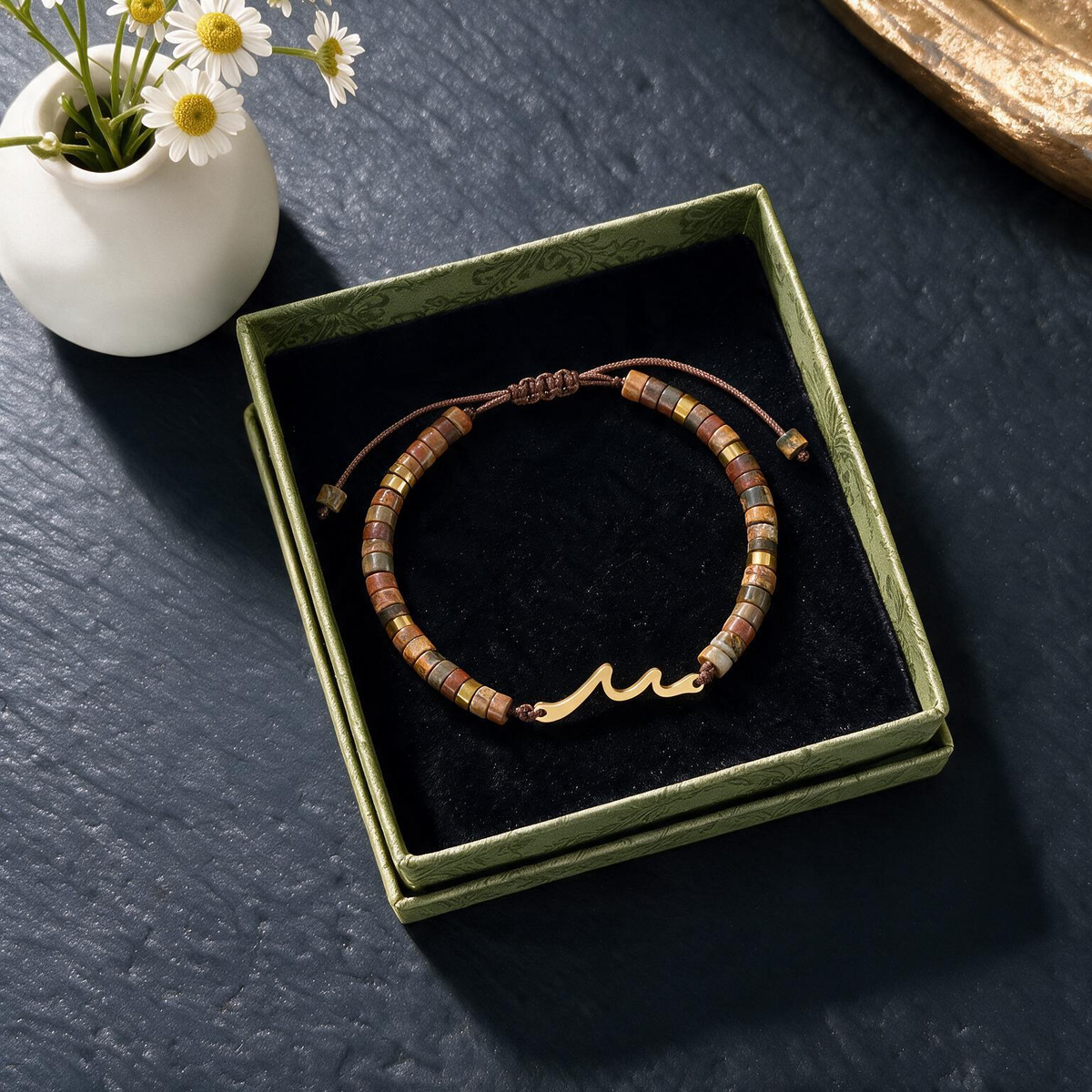 Wave-Woven Flat Bead Bracelet | Natural Abacus Stone, Adjustable Design