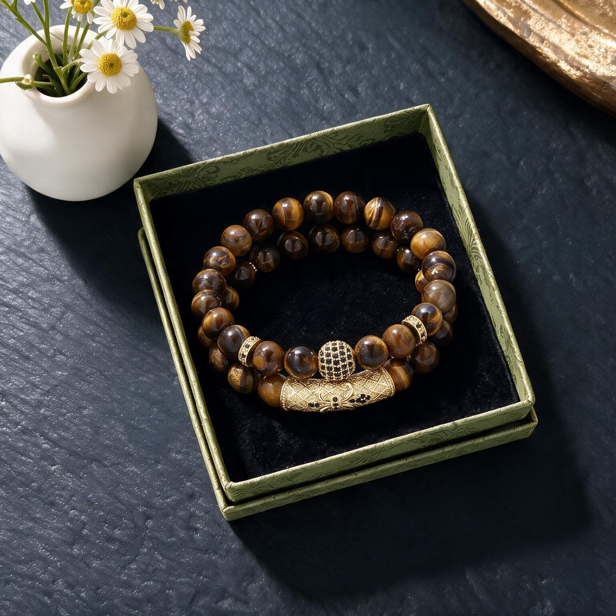 8mm Tiger Eye Micro-Set Bracelet | Red Ball-Shaped Stone with Diamond Accents