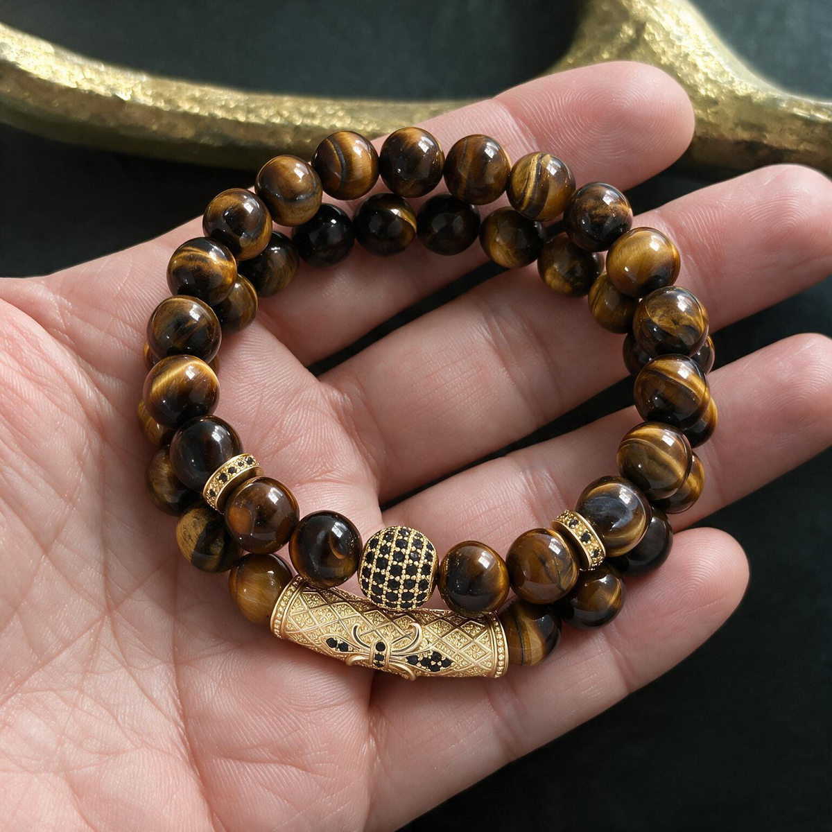 8mm Tiger Eye Micro-Set Bracelet | Red Ball-Shaped Stone with Diamond Accents