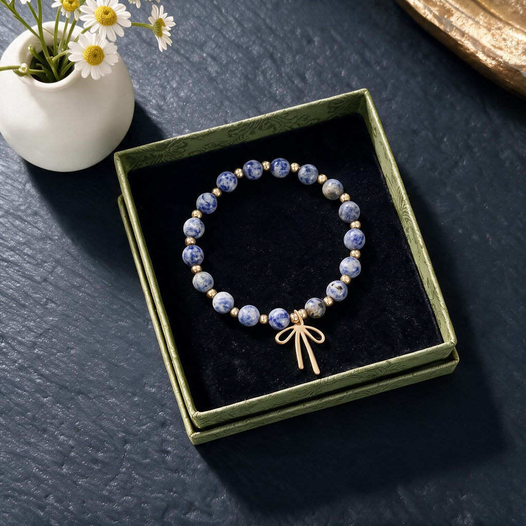 Zebra Blue Quartz Bracelet - 8mm Gold Stone Beads with Ribbon Charm, Stretch Design