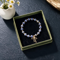 Zebra Blue Quartz Bracelet - 8mm Gold Stone Beads with Ribbon Charm, Stretch Design