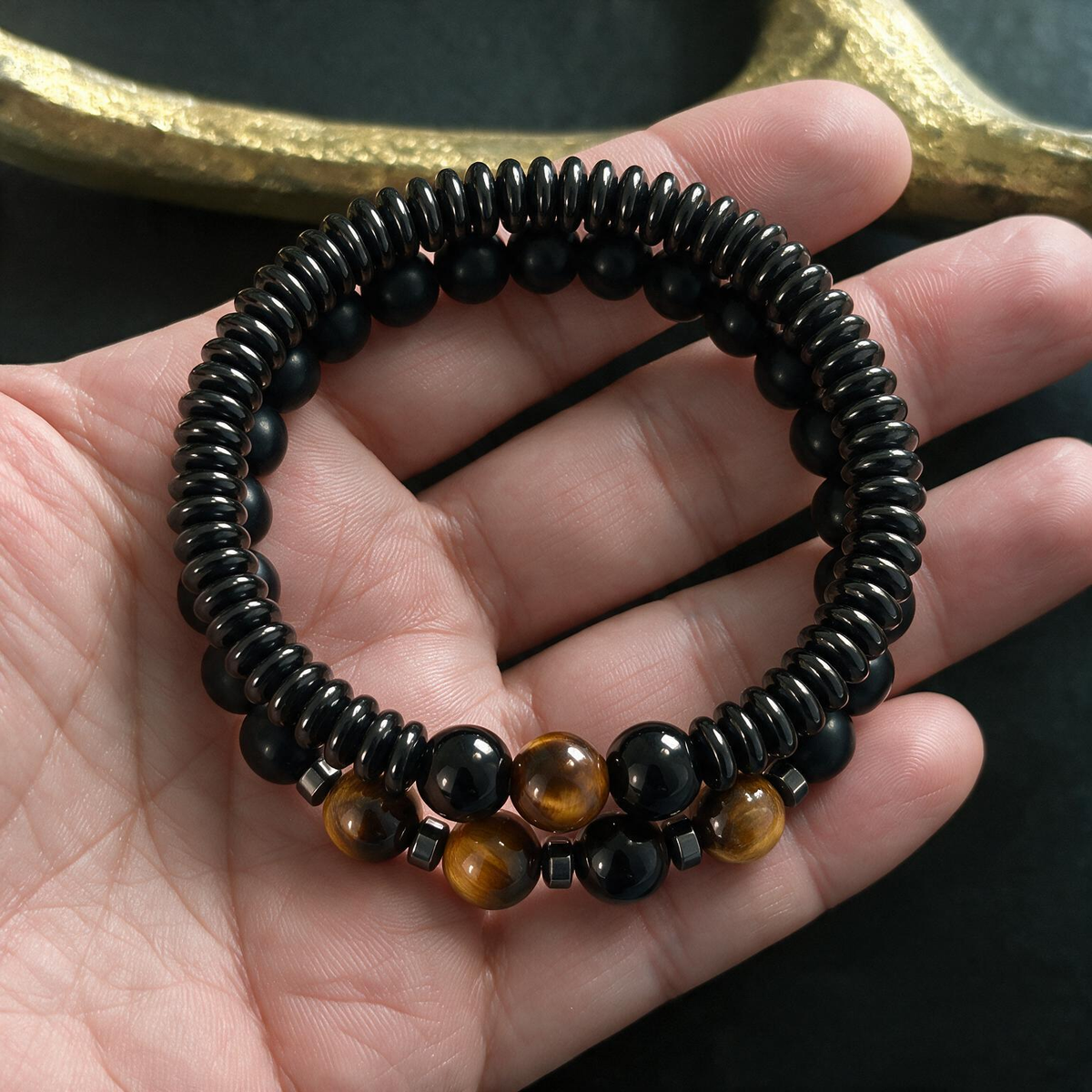 Adventure Map Stone Bracelet for Men - Layered Sandstone & String Bead Design