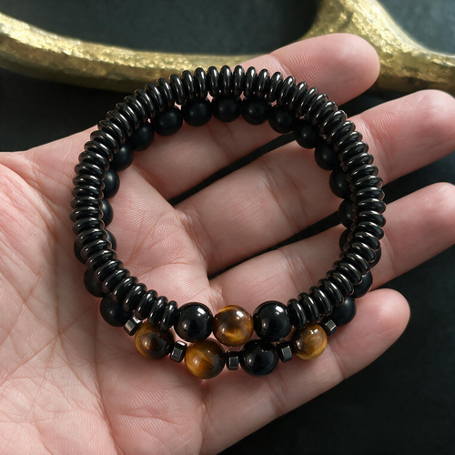 Adventure Map Stone Bracelet for Men - Layered Sandstone & String Bead Design