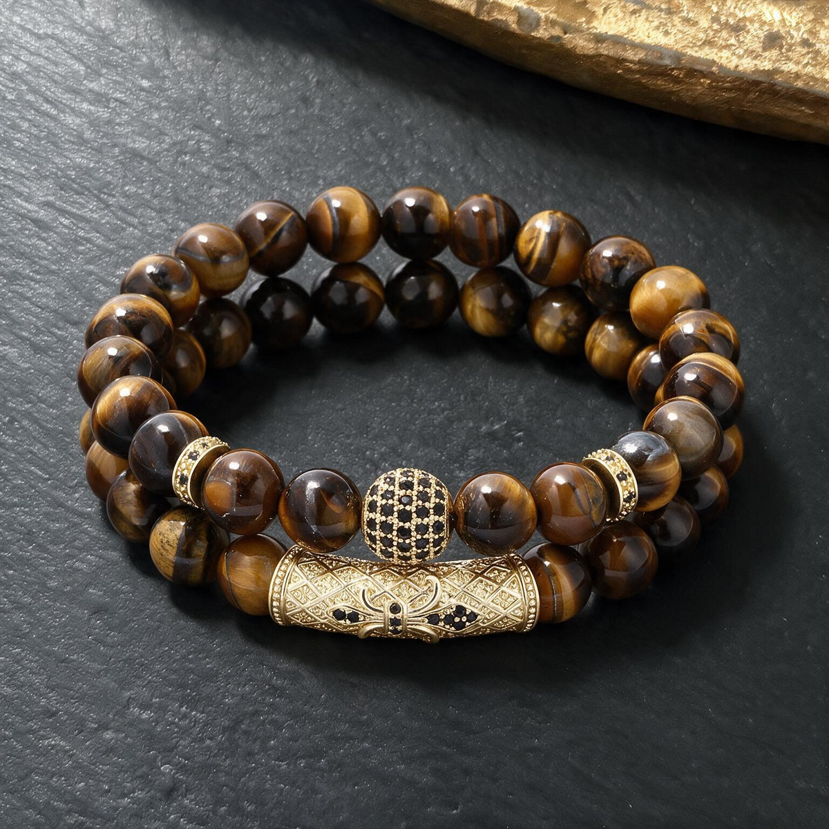 8mm Tiger Eye Micro-Set Bracelet | Red Ball-Shaped Stone with Diamond Accents