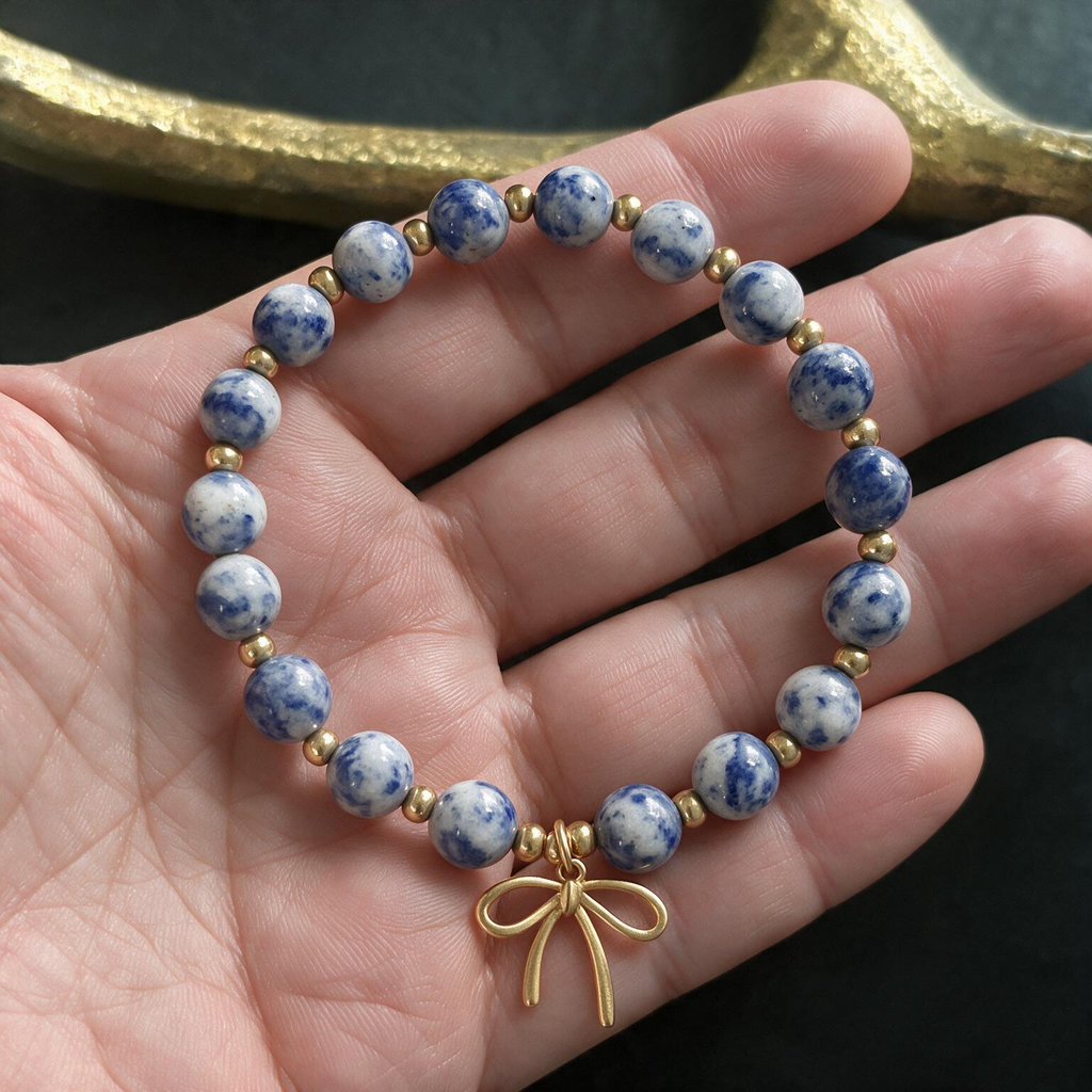 Zebra Blue Quartz Bracelet - 8mm Gold Stone Beads with Ribbon Charm, Stretch Design