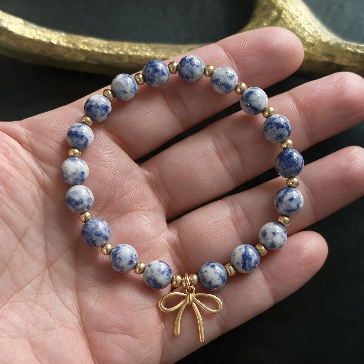 Zebra Blue Quartz Bracelet - 8mm Gold Stone Beads with Ribbon Charm, Stretch Design