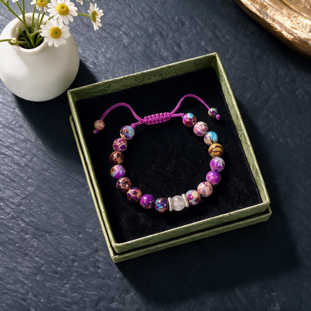 Purple Emperor Woven Bracelet | 8mm Natural Moonstone Beads, Elastic for Women
