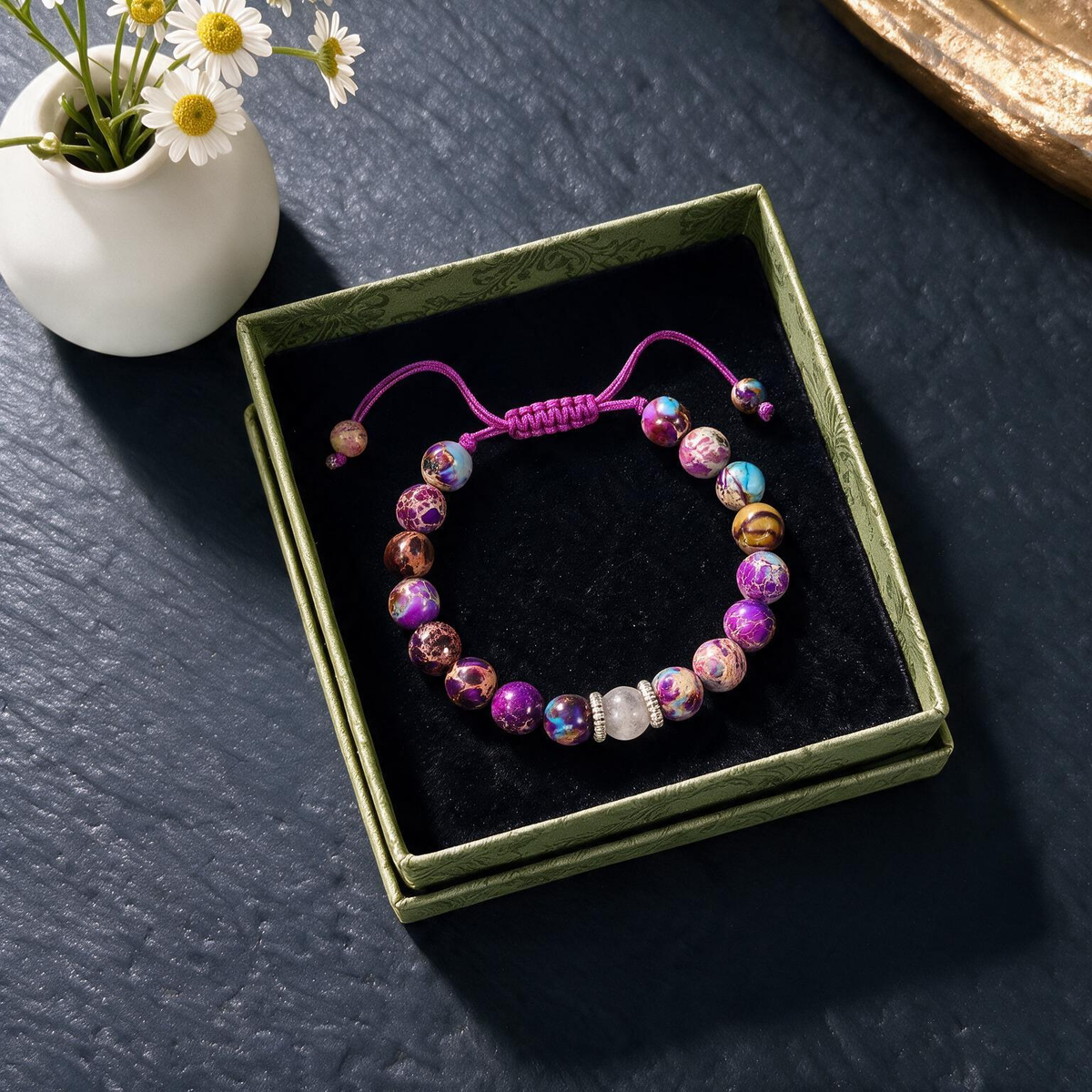 Purple Emperor Woven Bracelet | 8mm Natural Moonstone Beads, Elastic for Women