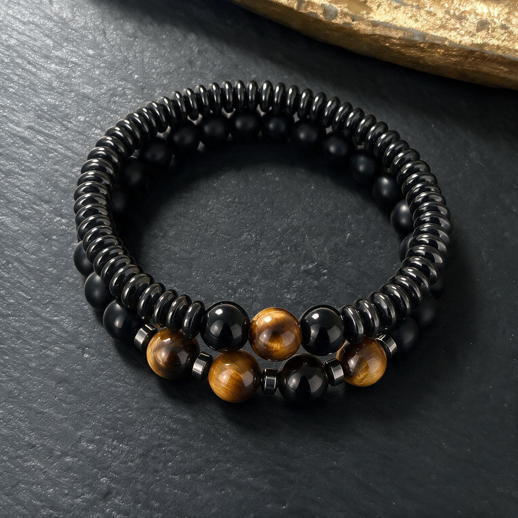 Adventure Map Stone Bracelet for Men - Layered Sandstone & String Bead Design