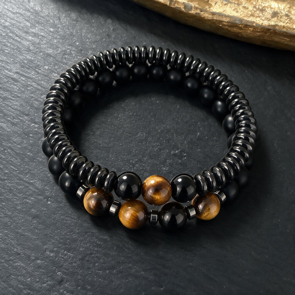 Adventure Map Stone Bracelet for Men - Layered Sandstone & String Bead Design