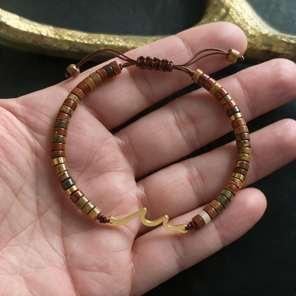 Wave-Woven Flat Bead Bracelet | Natural Abacus Stone, Adjustable Design
