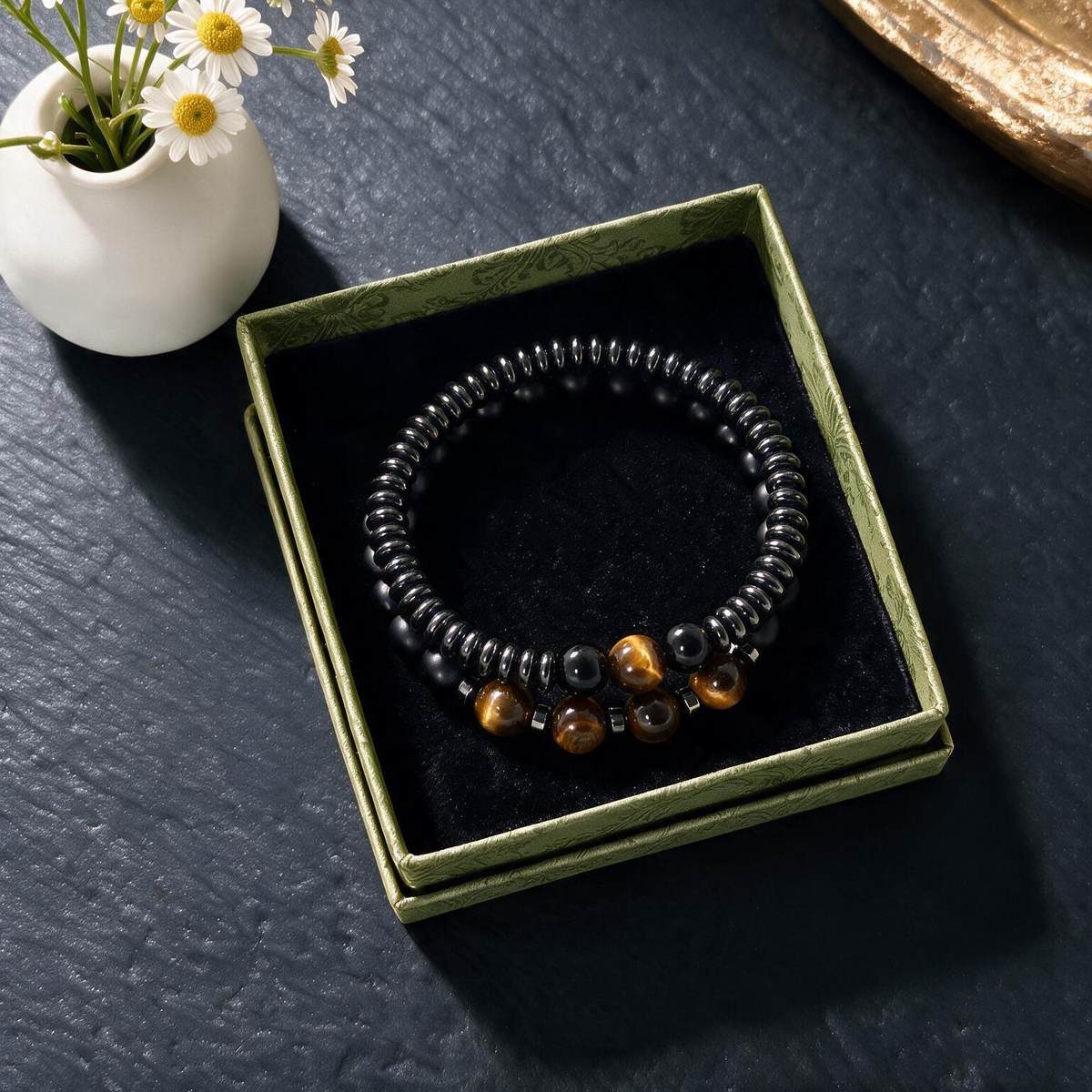 Adventure Map Stone Bracelet for Men - Layered Sandstone & String Bead Design