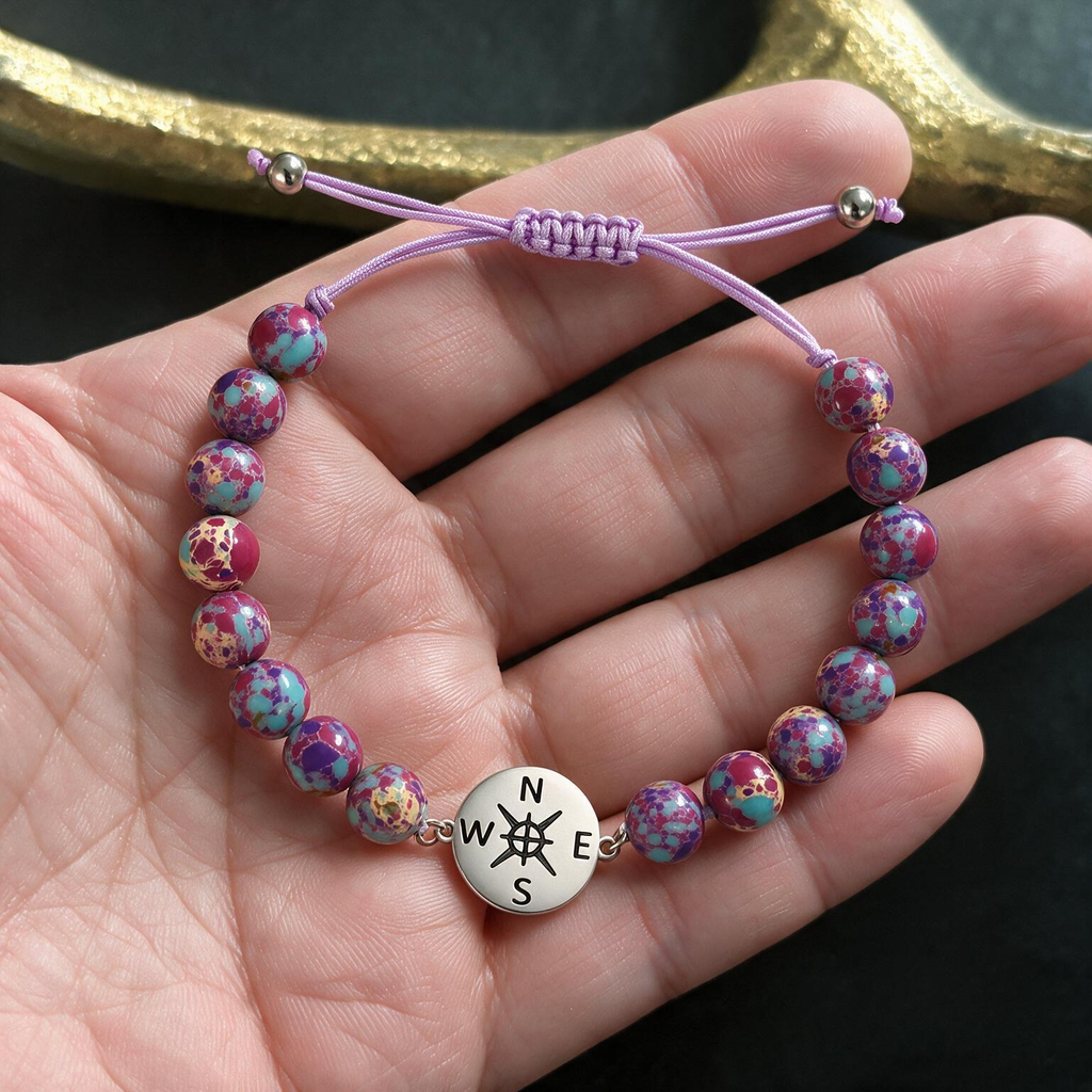 Graduation Compass Bracelet Set - Purple Emerald Beads, Perfect Gift for Classmates & Couples