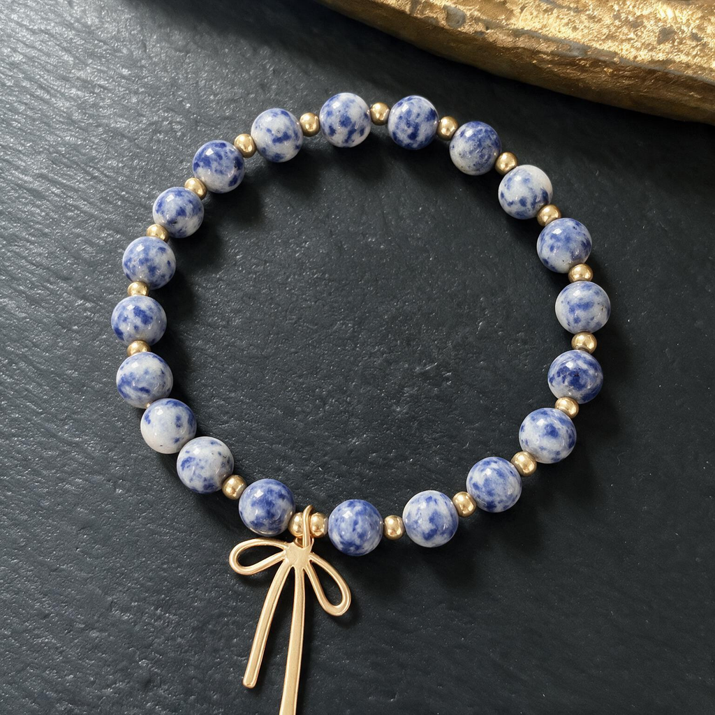 Zebra Blue Quartz Bracelet - 8mm Gold Stone Beads with Ribbon Charm, Stretch Design