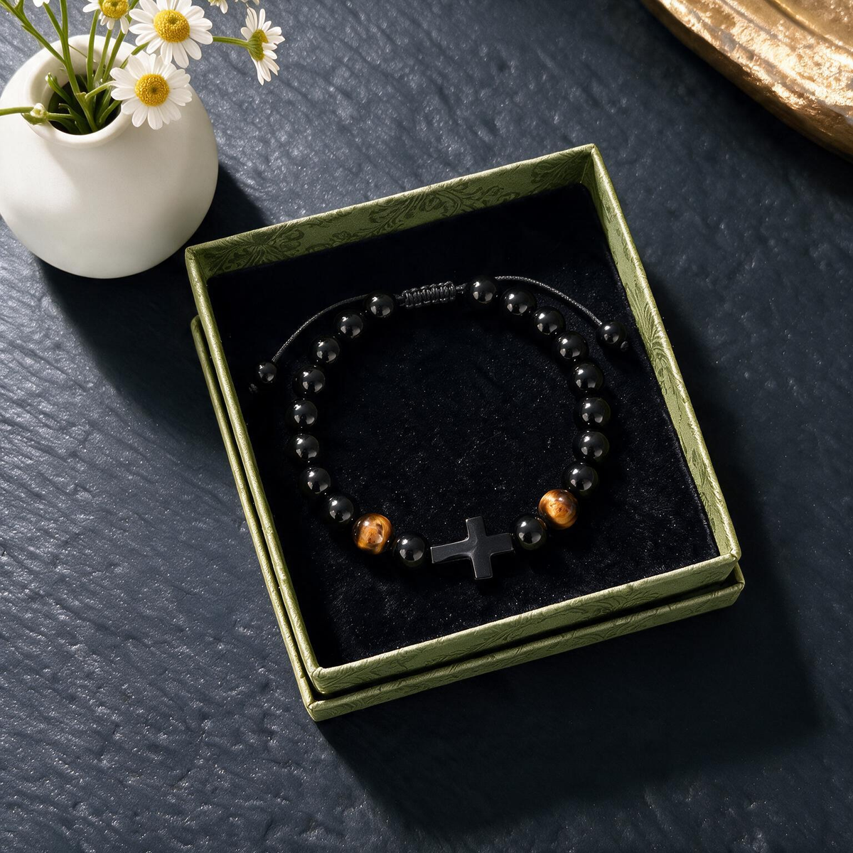 Cross-Shaped Tiger Eye Bracelet - Black Frosted Stone with Adjustable Cord