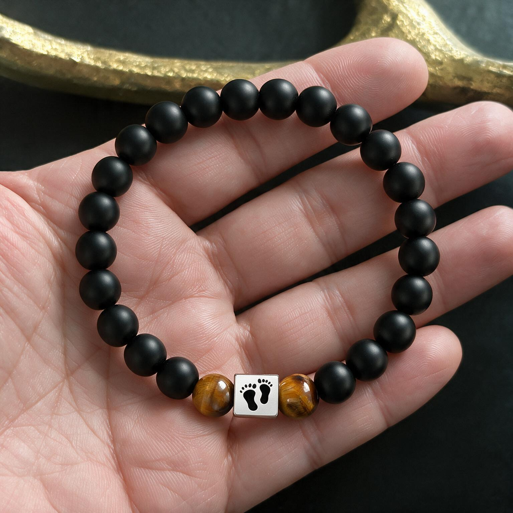 Father's Day Tiger Eye Bracelet - Foot Cross Pendant & Laser-Engraved Steel Square Block