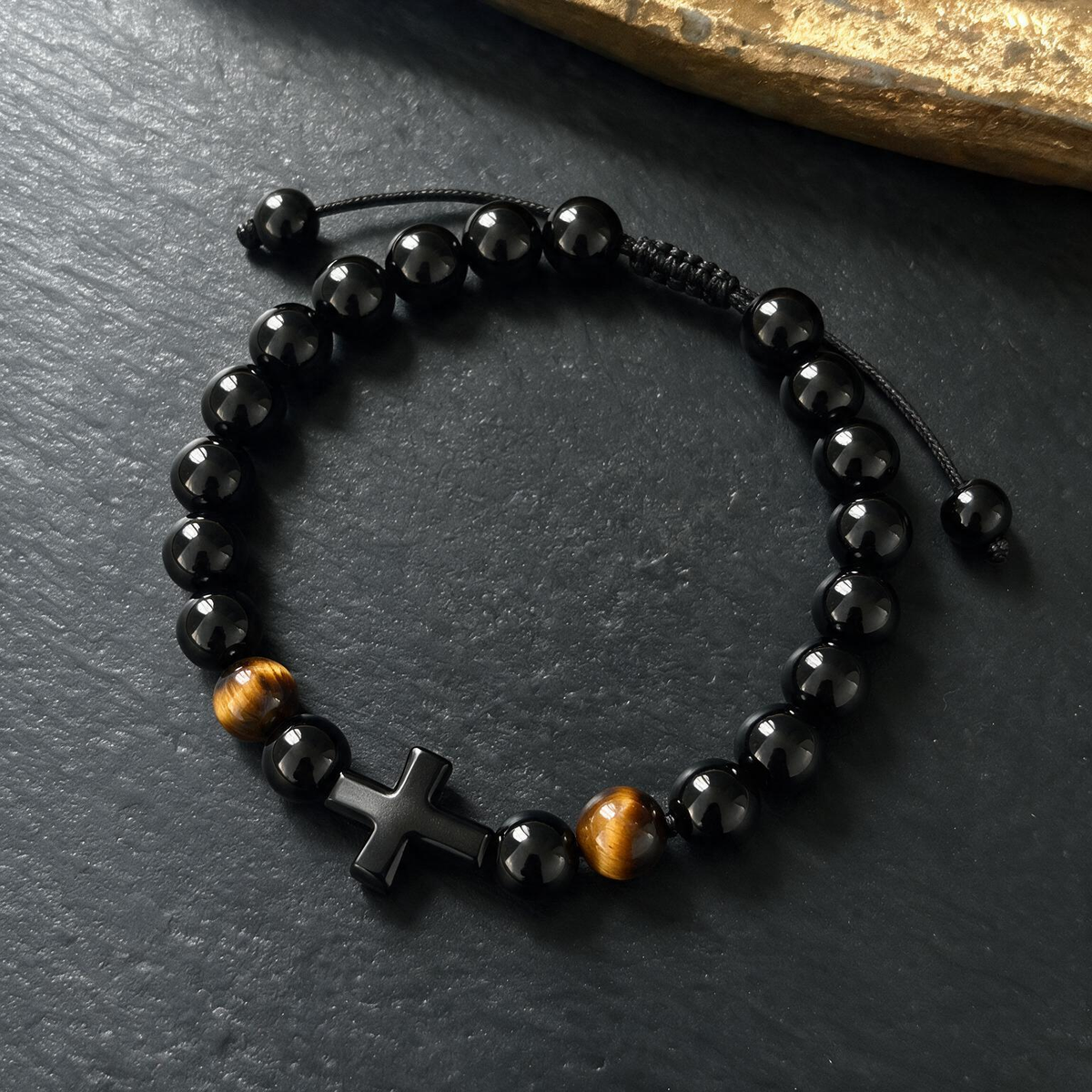 Cross-Shaped Tiger Eye Bracelet - Black Frosted Stone with Adjustable Cord