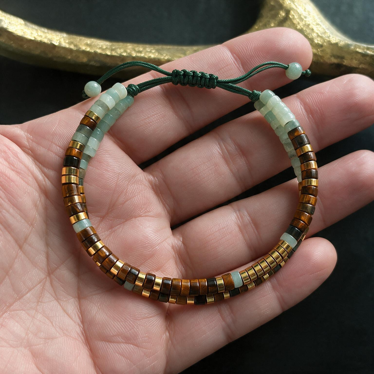 Morse Code Tiger Eye Bracelet | Yellow Flat Beads, Adjustable African Pine Necklace Set