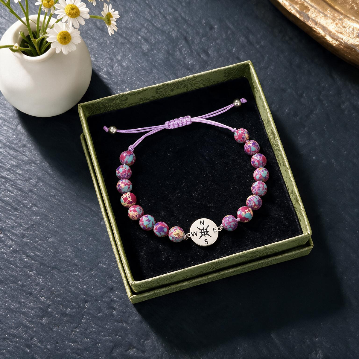 Graduation Compass Bracelet Set - Purple Emerald Beads, Perfect Gift for Classmates & Couples